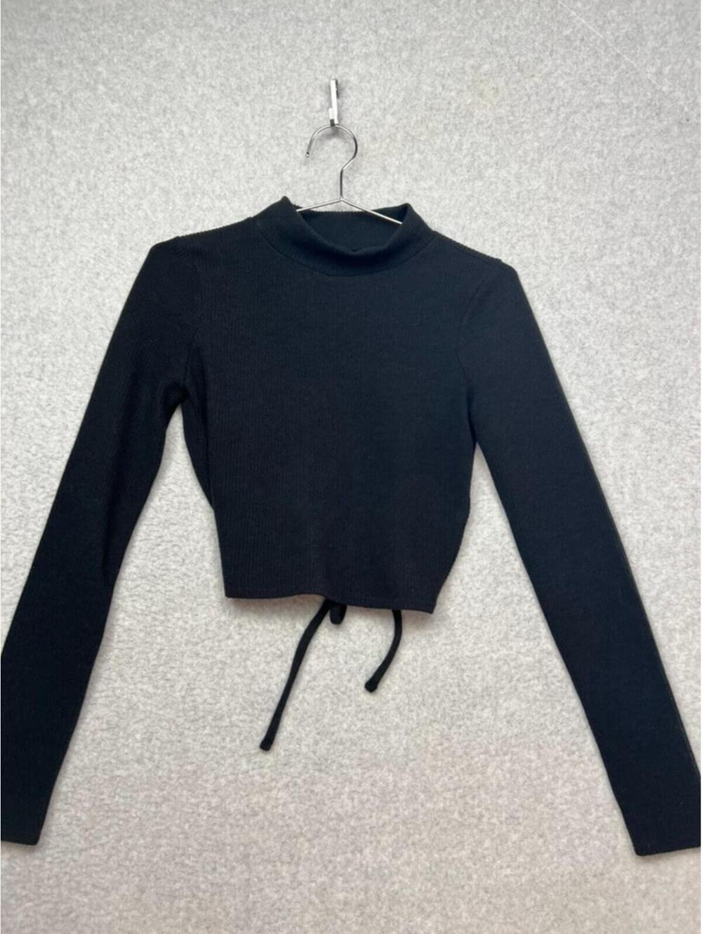 Madewell Ribbed Mock Neck Open-Back Tie Crop Top Black XS Cozy Aesthetic